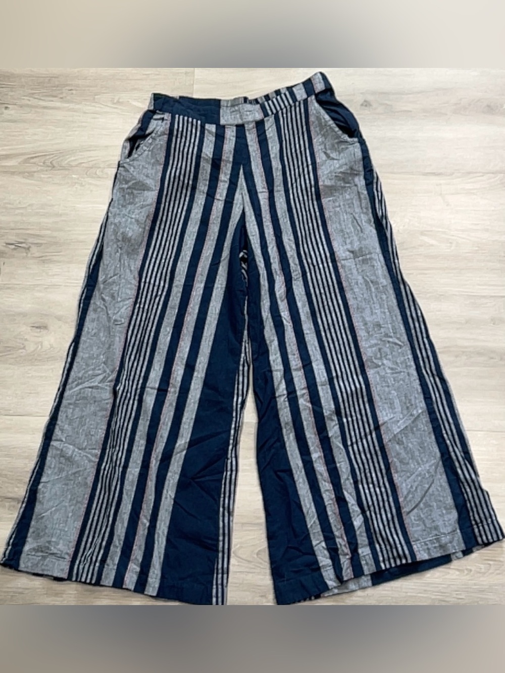 Bombay & Paisley Women's Small Blue Gray Striped Wide Leg Pants 100% Cotton Boho